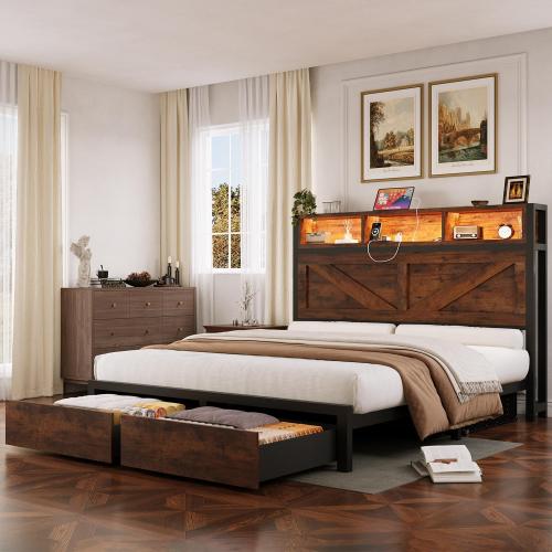 Incyneva Farmhouse Full Bed Frame with Bookcase Storage Headboard, Charging Station, LED Light and 2 Storage Drawers, Noise Free, No Box Spring Needed, Brown