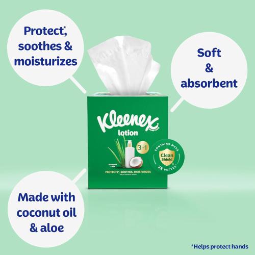 Kleenex Lotion Facial Tissues with Coconut Oil, 8 Flat Boxes, 180 Tissues Per Box, 3-Ply