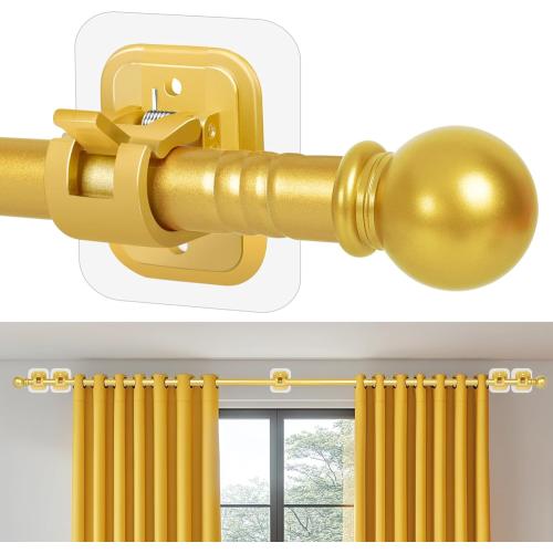 Set of 5 Size 48 to 84-96 Inch Curtain Rods No Drilling for Windows 48 to 84-96 Inch,Renter Friendly Drapey Pole with 5PCS No Drill Curtain Rod Brackets,Outdoor Long Cortineros Para Ventanas with Adhesive Curtain Rod Holder Gold