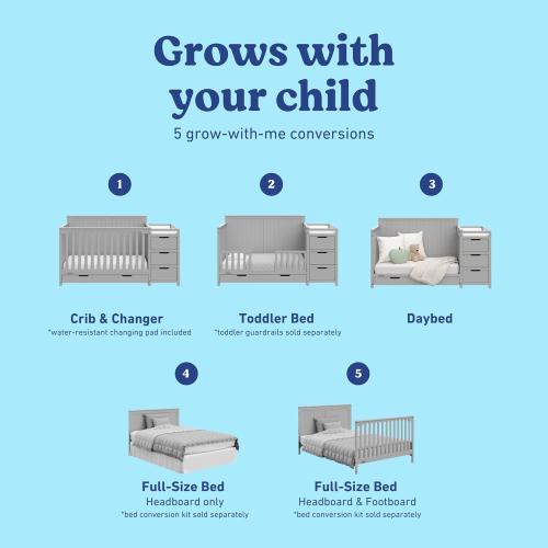 Graco Hadley 5-in-1 Convertible Crib & Changer (Pebble Gray) – GREENGUARD Gold Certified, Fits Standard Crib Mattress, Converts to Toddler Bed and Full Bed, 4 Adjustable Mattress Heights
