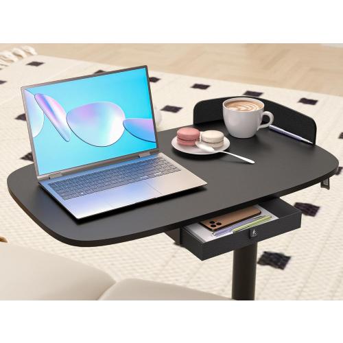 Rolling Adjustable Height Desk with Drawer and Wheels, Portable Small Standing Desk Pneumatic for Home Office, Mobile Computer Laptop Cart, Medical Sofa Overbed Table, Black
