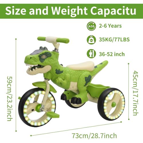 Dinosaur Kids Tricycle for Rider- Toddlers Kid Trike Bike Big Wheel with Music, Storage Basket,Light Wheel, Indoor/Outdoor Preschool Daycare Kids Bike,Best Gift for 3-7 Year Old Girls & Boys (Green)
