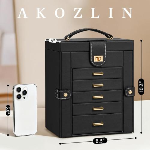 AKOZLIN Jewelry Box Organizer Functional Leather Jewelry Storage Case for Women Girls Ring Necklace Earring Bracelet Holder Organizer with Mirror Black