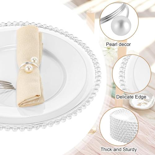 Tioncy 12 Set Clear Charger Plates Bulk Beaded Plastic Charger Plates 13 Inch, Napkin Rings, Acrylic Round Dinner Table Decorative Plate for Wedding Party Event (Clear and Silver)