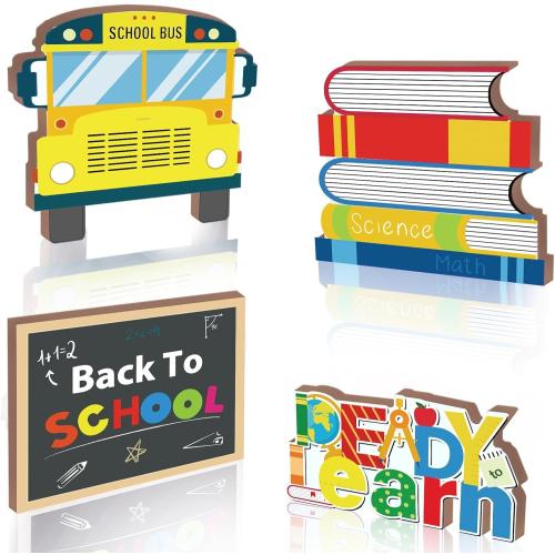 Set of 4 Pieces Back to School Wooden Table Centerpiece Decor Ready to Learn Woodentable Toppers Welcome Back to School Party Decoration for School Classroom Home Teacher Party Decorations