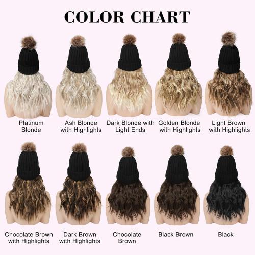 REECHO Warm Knitted Beanie Hat with 12 Beach Wavy Synthetic Hairpiece - Black Beanie, Black Brown Hair