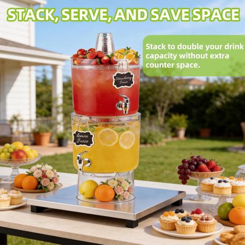 2 Gallon Beverage Dispenser for Parties 2 PACK, BPA-Free Drink Dispenser with No Drip Spigot, Juice Dispensers with Stand, Transparent Plastic Water Dispenser, Drink Fountains with Multi-Function Lid