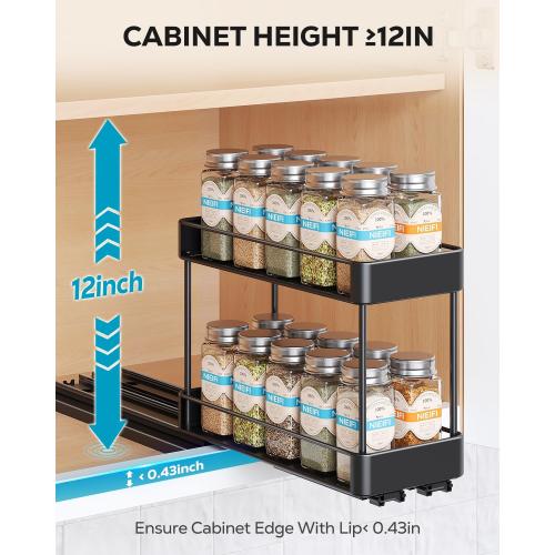 Nieifi Spice Rack Organizer for Cabinet, Vertical Spice Rack Pull Out, Easy to Install, Metal, 4.1''Wx10.35''Dx8.4''H, 2 Pack, 2 Tiers(Black)
