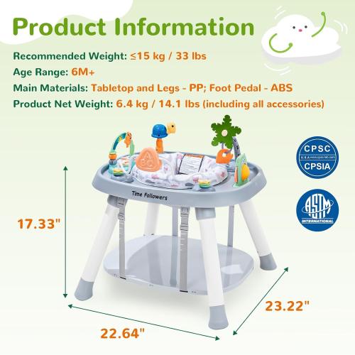 Time Followers® 6-in-1 Baby Activity Center | Jumpers and Bouncers | 4 Stage Grow Stationary Standing Toddler Play Table | Shower Gift | Infant Essential for Baby Ages 6-36Month (White)