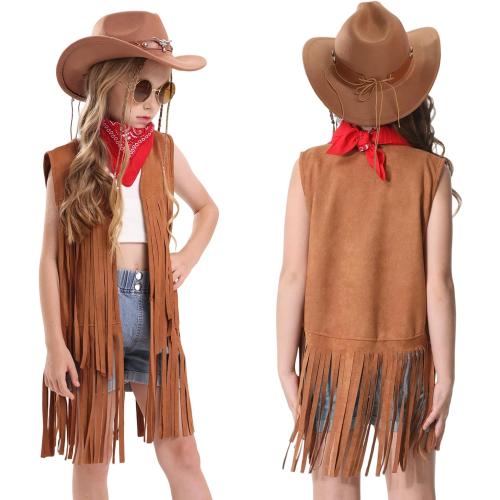Cowgirl Outfits Costume for Girls 6 Pcs Kids Western Outfit Cowboy Hat Tassel Fringe Vest Earring for Halloween Party