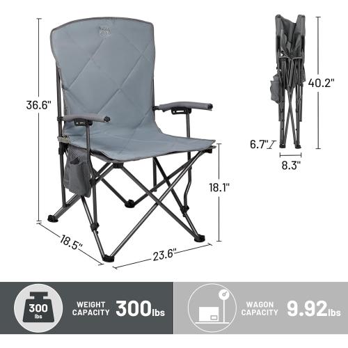 Timber Ridge Folding Camping Chair, Removable Seat Padded Lawn Chairs Foldable Outdoor Camp Chair for Adults, Supports Up to 300 LBS, Grey