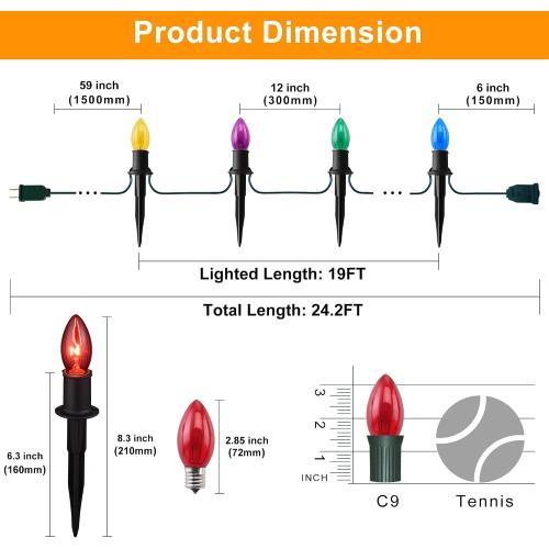 TIORIY Christmas Lights Outdoor 20 Pathway Lights - 24.2ft Multicolor Walkway Light with Stakes, C9 Driveway Light for Outside Yard Garden, Extendable for Xmas Holiday Decorations, 20 Lights