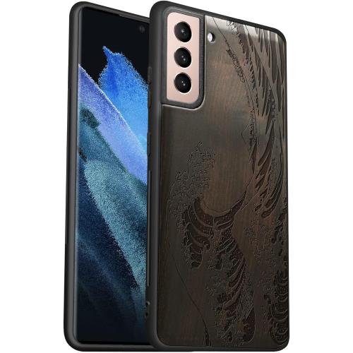 Carveit Wood Case for Galaxy S21 Case [Natural Wood & Soft TPU] Shockproof Protective Cover UniqueWooden Case Compatible with Samsung S21 5G (The Great Wave Off Kanagawa-Blackwood)