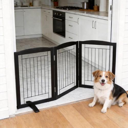 ZJSF Freestanding Dog Fence Indoor, Foldable Dog Gate for Doorways, Stairs or Hallways, Sturdy Wood Extra Wide Pet Gate with Support Feet for The House, Black, 24 Height-3 Panels