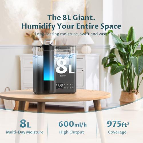 BREEZOME 8L Humidifiers for Bedroom, Warm & Cool Mist for Large Room Home, Top Fill Ultrasonic Humidifier, Humidity Sensor, Essential Oil, 60H Runtime, Quiet for Baby, Plants, Fast Relief