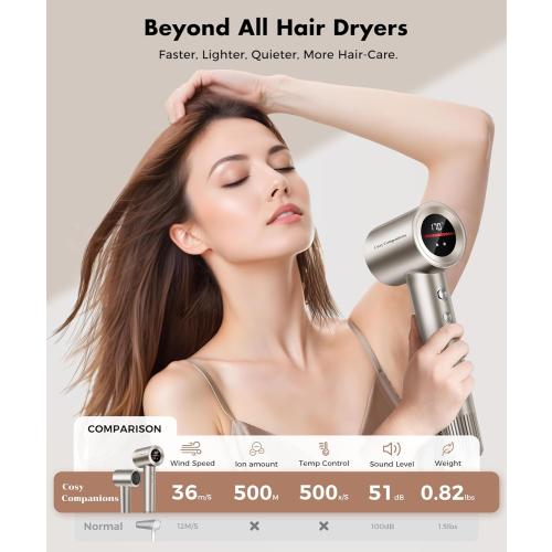 Cosy Companions Hair Dryer, 150000 RPM High-Speed Hairdryer for Fast Drying, Low Noise, HD Display, 5 Temps & 2 Speeds, 500 Million Negative Ionic Blow Dryer, Gold