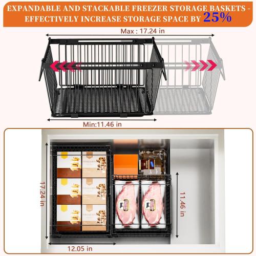 Large Freezer Organizer Bins，Upgraded Bottom Leak-Proof net，6 Pack， Expandable Stackable Chest Freezer Containers with Handle，for Fridge, Deep Freezer, Cabinet, Kitchen, Pantry (Black-6Pack)