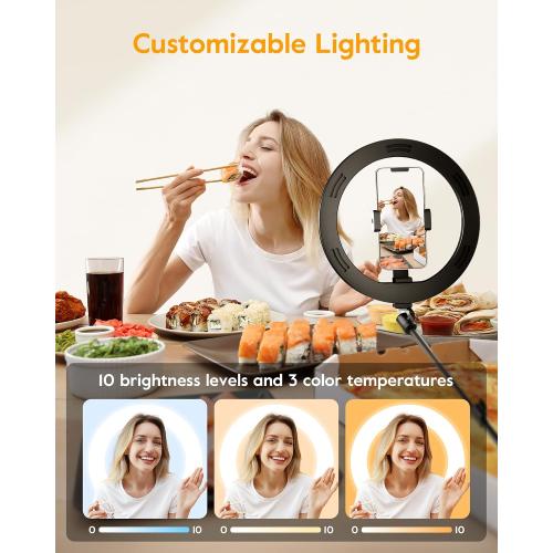 Ring Light with Stand for Desk,Adjustable Overhead Phone Mount with 10 Ring Light Tripod for iPhone,Phone Tripod with Light and Remote Phones Holder for Video Recording,Live Stream,Cooking Video