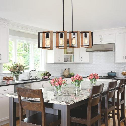 Dining Room Light Fixture Farmhouse Pendant Lights Kitchen Island Rustic Kitchen Light Fixtures 4 Lights Wood and Black Metal Rectangular Chandelier Ceiling Hanging Lighting 35.4
