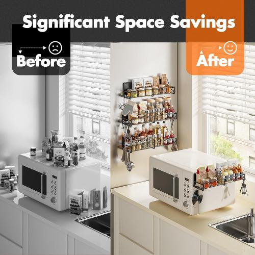 Magnetic Spice Rack for Refrigerator, 4 Pack Magnetic Fridge Shelf with Hooks, Spice Organizer Shelf for Kitchen Organization and Storage, Seasoning Organizer Gadgets for Metal Surface