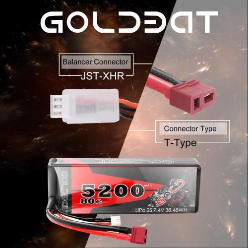 GOLDBAT 5200mAh 80C 2S 7.4V RC LiPo Battery Hard Case with T Plug for RC Evader BX Car RC Truck RC Truggy Racing (2 Packs)
