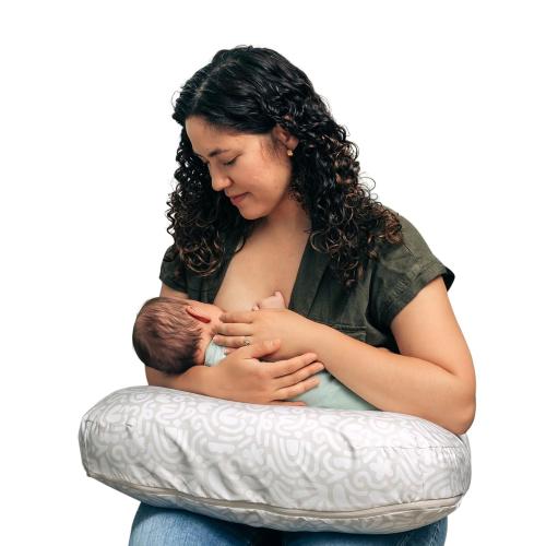 Boppy Nursing Pillow - Ergonomic Bottle & Breastfeeding Pillow with High, Firm, Large Area, Water-Repellent Cushion with Washable Cover; Baby Safety Alliance Verified - Cream Retro Squiggles