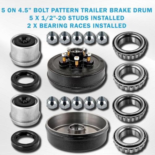5 on 4.5 Trailer Brake Drum,10 x 2-1/4 Trailer Brake Drum Kit for 3500lbs Traler Axle with L68149/L44649 Bearing and 1/2-20 Nuts - 22001K 008-247-05, 84546，2 Sets