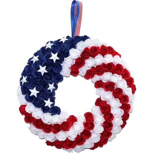Silk Roses 4th of July Wreath - Red White Blue Patriotic Wreaths for Front Door, Memorial & Independence Day Decorations, Americana Decor for Porch Door Wall Window Indoor Outdoor (18“)