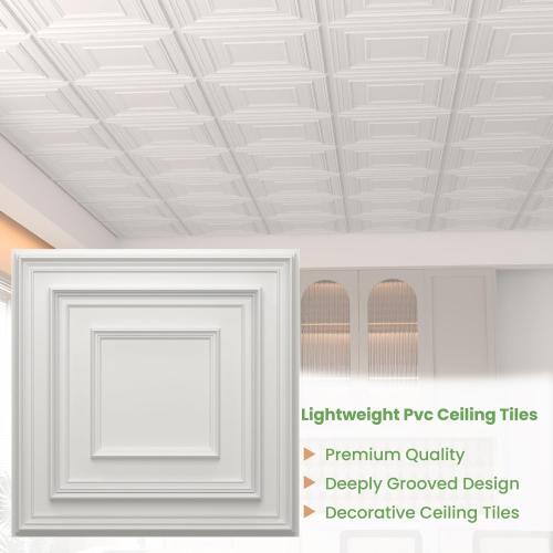 24 pcs 2ft x 2ft Drop Ceiling Tiles, PVC Ceiling Panel White, Waterproof, Washable and Fire-Rated - Reusable - High-Grade PVC to Prevent Breakage (96 sq. ft./Box)