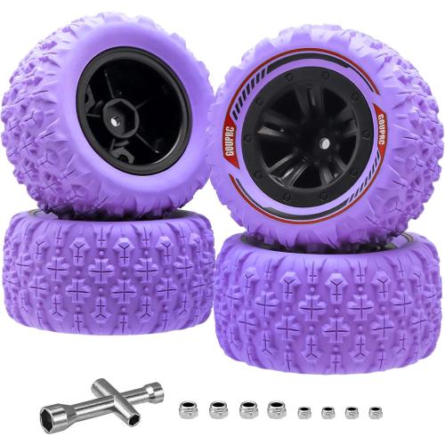 GOUPRC 12mm Hex RC Wheel Tires Set, 3.26 * 1.67 Inches 4PCS Swamp Claw Mud Terrain Tires Accessories for 1/14 1/16 RC Car Crawler Buggy Truck Purple