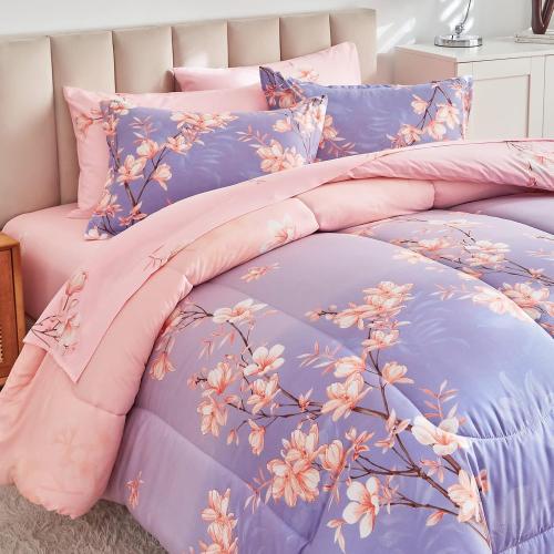 AIKASY Pink and Light Purple King Comforter Set with Sheets,Bed in a Bag 7-Pieces,Branches and Flowers Printing Design,Ultra Soft Down Alternative All Season Bedding Set(King,Blossom Stem)
