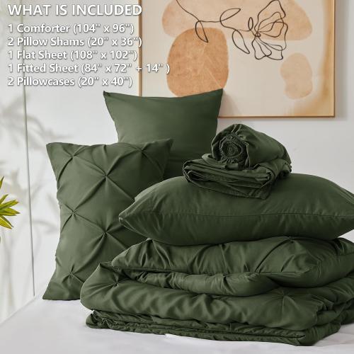 CozyLux California King Comforter Set Olive Green, 7 Pieces Cal King Pintuck Bed in A Bag, Pinch Pleat Bedding Sets with All Season Comforter, Flat Sheet, Fitted Sheet, Pillowcases & Shams