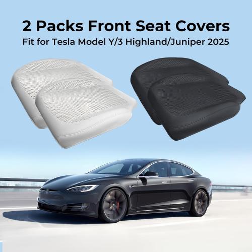2 PCS Nappa Leather Car Front Seat Covers for 2025 2026 Tesla Model Y/3 Highland/Juniper Breathable Perforated All-Season Universal Bottom Seat Protectors for Tesla Accessories, Black