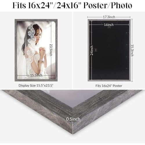 16 x 24 Picture Poster Frame, Rustic Gray 24 x16inch Frame, Natural 16x24 Canvas Frame, Distressed Grey Large Gallery Family Concert Photo Frame, Anniversary/Birthday/Wedding/Thank you/Christmas Gift