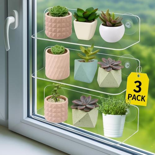 NovaMode - 3 pack Window Plant Floating Shelves, 12 inch Acrylic Suction Cup Shelf, Window Sill Extender for Indoor Succulent Plants, Micro Greens, Seed Starter Pots, Herb Planters for Window Gardens, Storage Organizer for Bathroom, Bedroom, Display - Cle