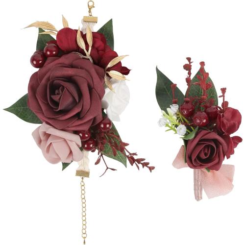 2Pcs Wedding Corsage and Boutonniere Set Burgundy Rose Corsage Wristlet and Boutonniere for Men Women Groom Bride Bridesmaid Groomsmen Wedding Party Accessory Prom Decoration (Burgundy)