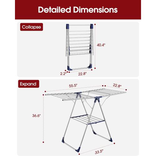 Sakugi Clothes Drying Rack with Height-Adjustable Wings, Metal Foldable Laundry Dryer Stand for Clothing & Bedding, Free-Standing Collapsible for Indoor & Outdoor Use, 55.5 L × 22.8 W, Silver Blue