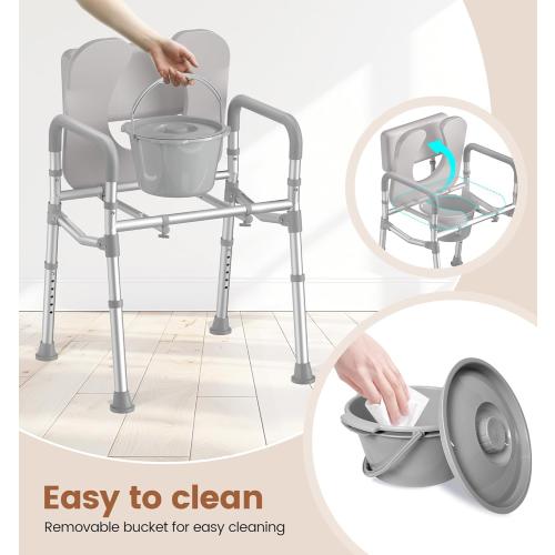 SOUNDFUSE Bedside Commode Chair with Padded Seat and Backrest, Aluminum Dual-Crossbar, Height Adjustable, Portable Toilet for Seniors and Adults, Potty Bucket and Splash Guard, 350 lbs Weight Capacity