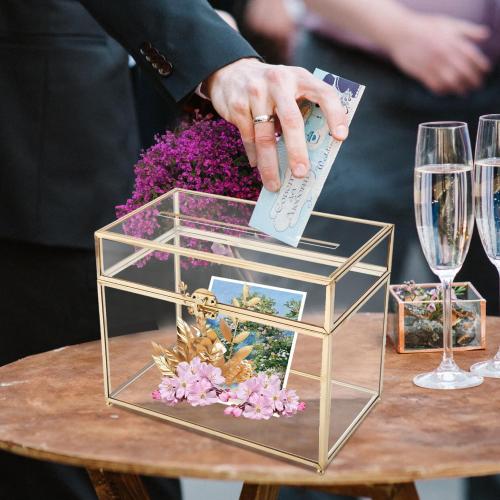 HighFree Glass Card Box, Large Clear Card Box for Wedding Receptions, Decorative Storage Box for Baby Shower, Birthday Party, Bridal Shower (With Slot, Gold)