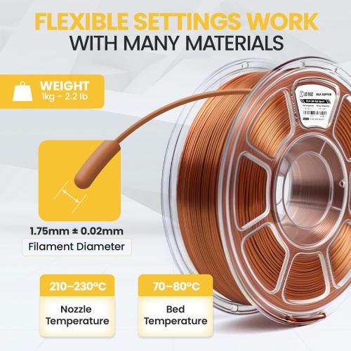 High Speed Silk PLA Filament 1.75mm, 1kg Spool (2.2 lbs), 30-600mm/s Fast 3D Printer Filament, 190-230°C, Fits Bambu Lab Creality Anycubic, Silk Copper