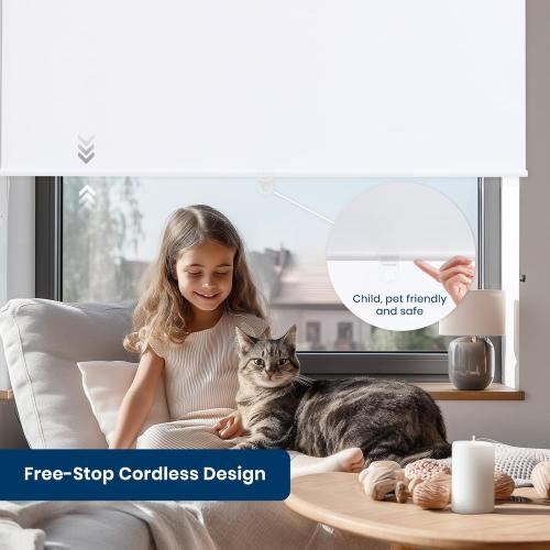 Color White 100% Blackout Roller Shades Cordless Blinds for Indoor Windows,Free-Stop Window Shades Pull Down,Thermal Insulated Fabric UV Protection,Blackout Window Guard Blinds for Home,Office,White,48 W x 72 H