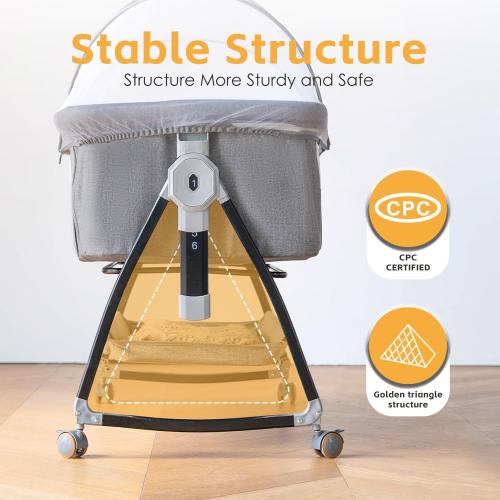 Bedside Crib, 3 in 1 Bassinet with Quick Height Adjustment and Mosquito Nets Rocking Bassinet for Baby, Bedside Bassinet with Wheels, Easy to Fold, Golden Triangle Structure（Grey）
