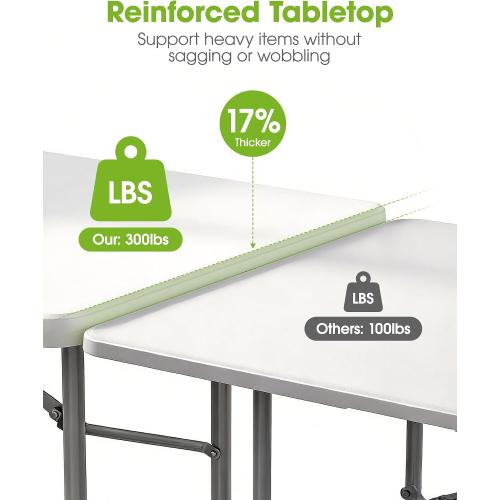 Pureegg 6FT Folding Table - No Assembly Required, Versatile Dining Table with Carrying Handle & Tabletop Safety Lock, Portable Foldable Table for Party, Craft, Camping, Picnic, White