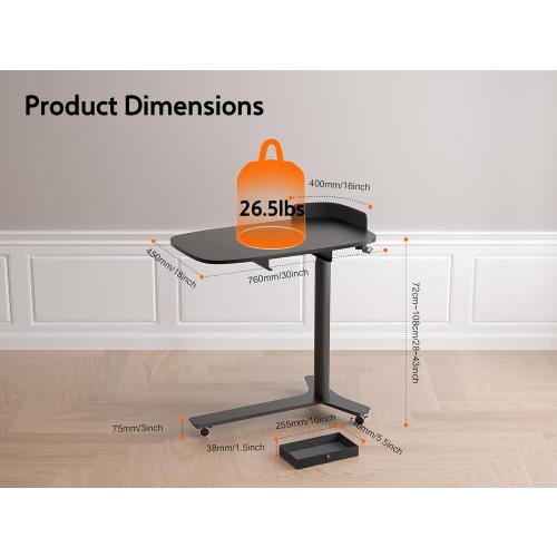 Rolling Adjustable Height Desk with Drawer and Wheels, Portable Small Standing Desk Pneumatic for Home Office, Mobile Computer Laptop Cart, Medical Sofa Overbed Table, Black