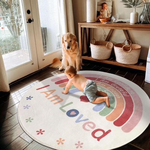 Topotdor Boho Rainbow Round Rug,Washable Kids Rug Ultra Soft Colorful Nursery Rug for Calming Corner Home Bedroom Playroom Decor,63 Round