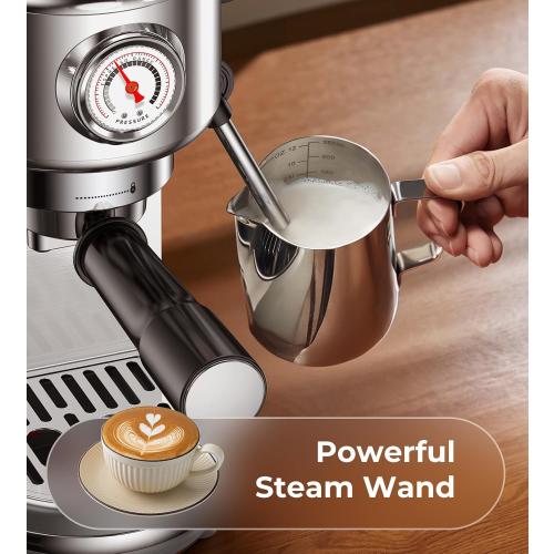 Espresso Machine with Milk Frother, 20 Bar Pressure Espresso Maker, with 44OZ Removable Tank, Compact Stainless Steel Coffee Machine for Home, Office, Latte, Cappuccino, Macchiato, Silver