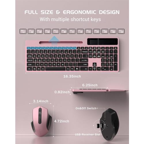 Pink and Black Wireless Keyboard Mouse Combo, Full Size Ergonomic Keyboard with Backlit, Wrist Rest, Calculator, Phone Holder, 2.4Ghz Silent Cordless Rechargeable Keyboard & Mouse for Laptop, PC (Pink Black)