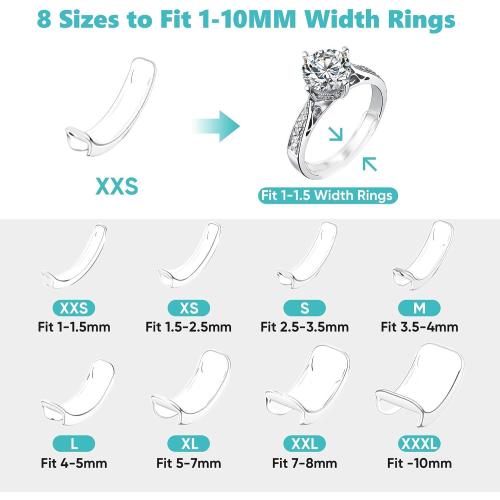 Feramox Ring Size Adjuster for Loose Rings, Invisible Clip-on Guards(8 pcs) | Stops Slipping, Patented Clear Clip-on Sizers in 8 Sizes, Fit Band Width 1mm-10mm, Invisible & Comfortable for Daily Wear