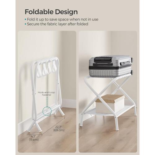 Set of 2 Size 27.2 x 15 x 20.5 Color White  SONGMICS Luggage Racks, Set of 2, Suitcase Stand with Fabric Storage Shelf, for Guest Room, Bedroom, Hotel, Foldable, Holds up to 110 lb, 27.2 x 15 x 20.5 Inches, Cloud White RLR002W02