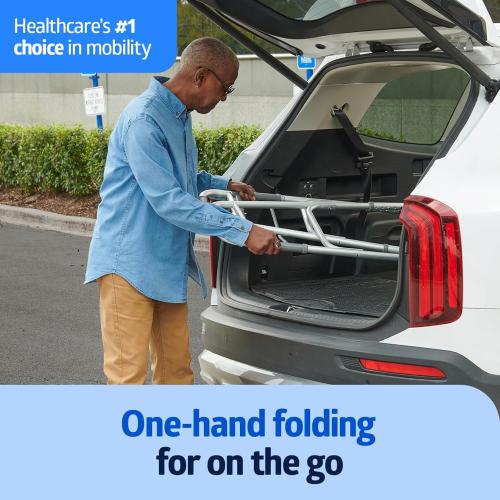 Color Grey Medline Lightweight Two Button Folding Walker with 5 Wheels, Aluminum Frame Supports up to 300 lbs